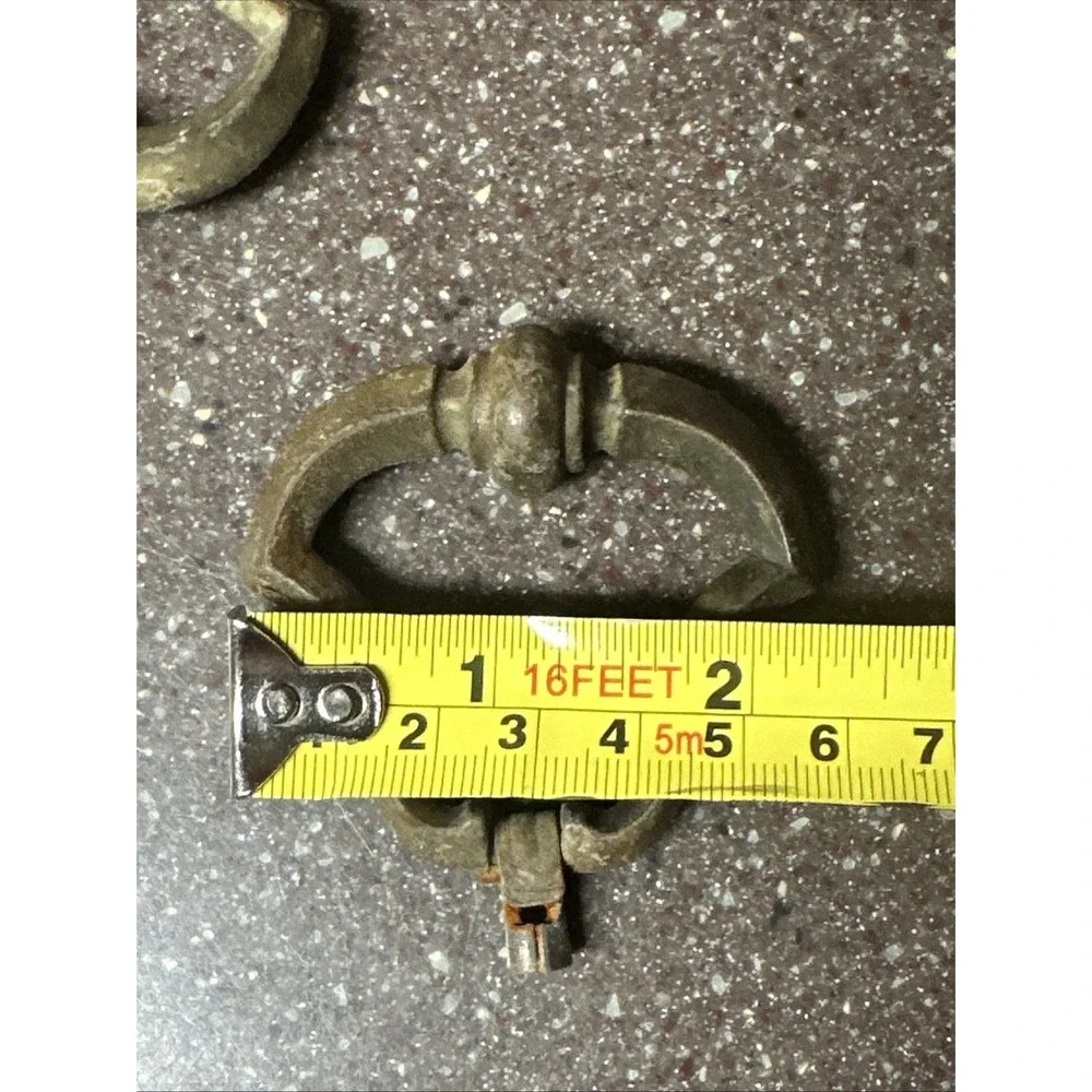 Set 3 VTG Antique Brass Drop Bail Drawer Pulls w Backplates 2.25